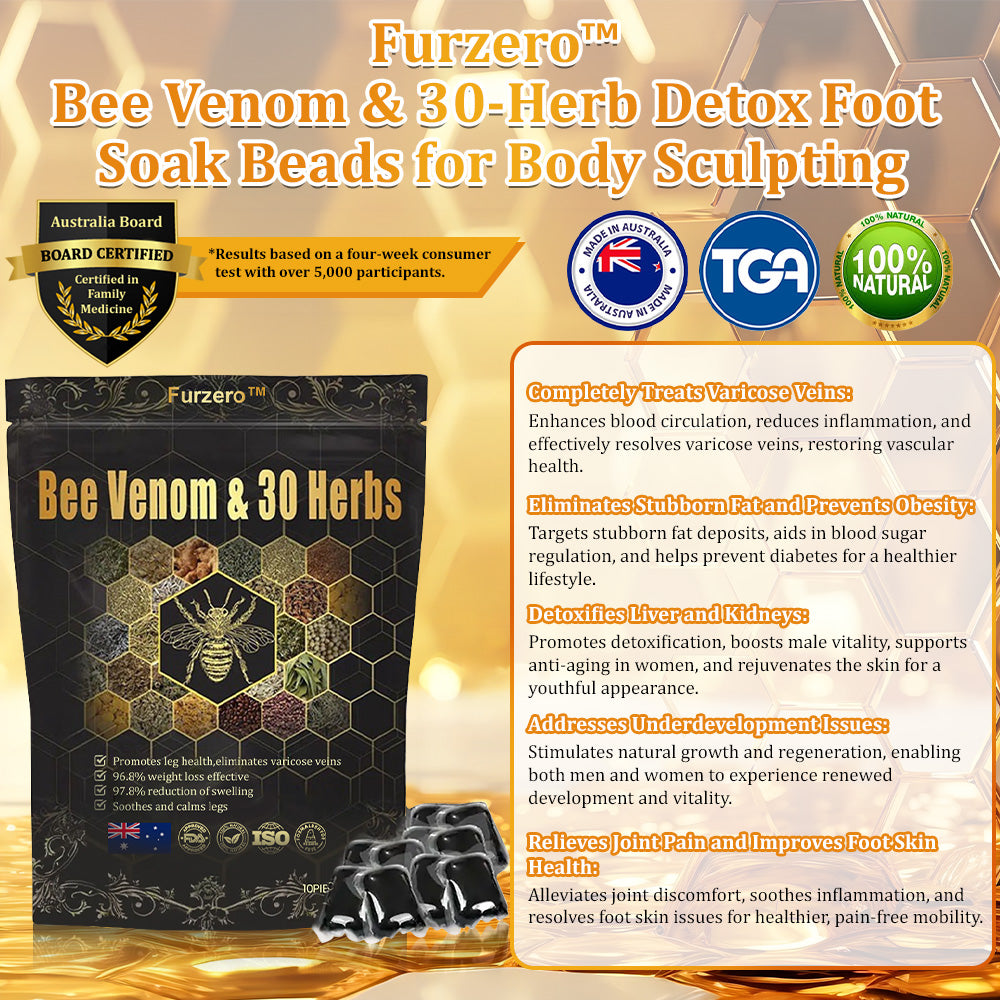 Furzero™ Bee Venom & Botanical Infused Detoxifying Foot Soak Beads with 30 Medicinal Plants | 👨‍⚕️✅For General Obesity,Skin treatment, Varicose Veins, and Joint Pain.